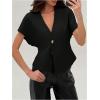 imageMakeMeChic Womens V Neck Blazer Top Single Button Short Sleeve Plain Office Suit BlazersBlack