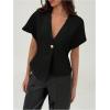 imageMakeMeChic Womens V Neck Blazer Top Single Button Short Sleeve Plain Office Suit BlazersBlack