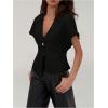 imageMakeMeChic Womens V Neck Blazer Top Single Button Short Sleeve Plain Office Suit BlazersBlack