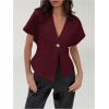 imageMakeMeChic Womens V Neck Blazer Top Single Button Short Sleeve Plain Office Suit BlazersBurgundy