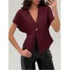 imageMakeMeChic Womens V Neck Blazer Top Single Button Short Sleeve Plain Office Suit BlazersBurgundy