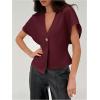imageMakeMeChic Womens V Neck Blazer Top Single Button Short Sleeve Plain Office Suit BlazersBurgundy
