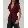 imageMakeMeChic Womens V Neck Blazer Top Single Button Short Sleeve Plain Office Suit BlazersBurgundy