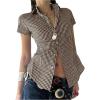 imageMakeMeChic Womens Plaid Gingham Button Down Shirt Collar Short Sleeve Vintage Blouse TopsCoffee Brown