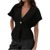 imageMakeMeChic Womens V Neck Blazer Top Single Button Short Sleeve Plain Office Suit BlazersBlack