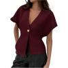 imageMakeMeChic Womens V Neck Blazer Top Single Button Short Sleeve Plain Office Suit BlazersBurgundy