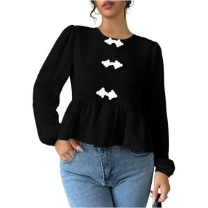 imageMakeMeChic Womens Elegant Puff Sleeve Top Crew Neck Babydoll Shirts Ruffle BlousesBlack