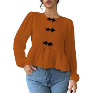 imageMakeMeChic Womens Elegant Puff Sleeve Top Crew Neck Babydoll Shirts Ruffle BlousesBrown