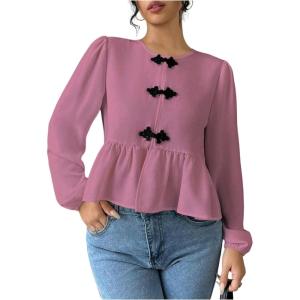 imageMakeMeChic Womens Elegant Puff Sleeve Top Crew Neck Babydoll Shirts Ruffle BlousesDusty Pink