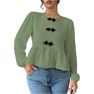 imageMakeMeChic Womens Elegant Puff Sleeve Top Crew Neck Babydoll Shirts Ruffle BlousesGreen