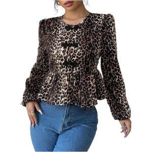 imageMakeMeChic Womens Elegant Puff Sleeve Top Crew Neck Babydoll Shirts Ruffle BlousesMulticolor