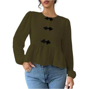 imageMakeMeChic Womens Elegant Puff Sleeve Top Crew Neck Babydoll Shirts Ruffle BlousesOlive Green