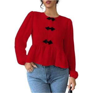 imageMakeMeChic Womens Elegant Puff Sleeve Top Crew Neck Babydoll Shirts Ruffle BlousesRed