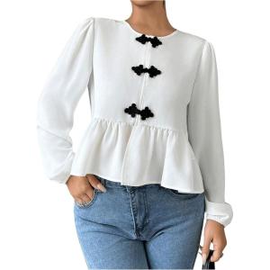 imageMakeMeChic Womens Elegant Puff Sleeve Top Crew Neck Babydoll Shirts Ruffle BlousesWhite