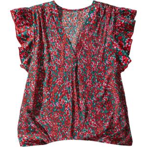 imageMakeMeChic Womens Floral Notched Blouse Puff Sleeve Ruffle Hem Summer Shirt TopsRed
