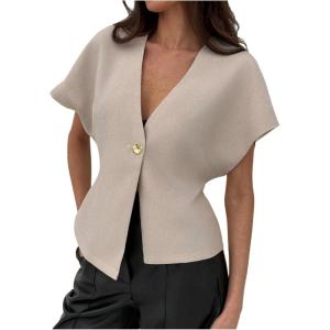 imageMakeMeChic Womens V Neck Blazer Top Single Button Short Sleeve Plain Office Suit BlazersApricot