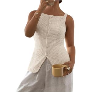 imageMakeMeChic Womens Vest Top Trendy Button Up Tank Tops Asymmetrical Y2k Going Out TopBapricot