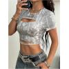 imageMakeMeChic Womens Camo Crew Neck Crop Tops Cut Out Short Sleeve Y2k Tee Shirt StreetwearGrey