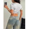 imageMakeMeChic Womens Camo Crew Neck Crop Tops Cut Out Short Sleeve Y2k Tee Shirt StreetwearGrey