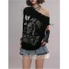 imageMakeMeChic Womens Emo Grunge Shirts Gothic Alt Clothes Graphic Tee Y2k Off The Shoulder TopsBlack