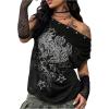 imageMakeMeChic Womens Emo Grunge Shirts Gothic Alt Clothes Graphic Tee Y2k Off The Shoulder TopsBlack Rhinestone
