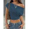 imageMakeMeChic Womens Off The Shoulder Crop Tops Short Sleeve Going Out T ShirtBlue