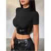 imageMakeMeChic Womens PU Leather Crop Top Short Sleeve Mock Neck Slim Fitted Y2k Party Going Out TopsBlack