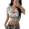 imageMakeMeChic Womens Camo Crew Neck Crop Tops Cut Out Short Sleeve Y2k Tee Shirt StreetwearGrey