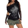 imageMakeMeChic Womens Emo Grunge Shirts Gothic Alt Clothes Graphic Tee Y2k Off The Shoulder TopsBlack Rhinestone