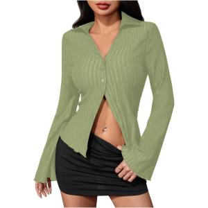 imageMakeMeChic Womens Button Down Shirts Bell Sleeve Tops Slim Fitted Collared Blouse Office Work Striped ShirtsGreen