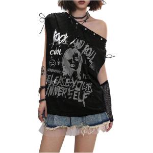 imageMakeMeChic Womens Emo Grunge Shirts Gothic Alt Clothes Graphic Tee Y2k Off The Shoulder TopsBlack