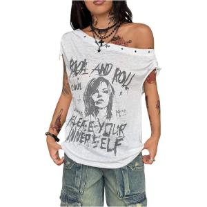 imageMakeMeChic Womens Emo Grunge Shirts Gothic Alt Clothes Graphic Tee Y2k Off The Shoulder TopsWhite