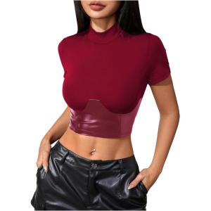 imageMakeMeChic Womens PU Leather Crop Top Short Sleeve Mock Neck Slim Fitted Y2k Party Going Out TopsRed