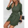 imageMakeMeChic Womens Casual Button Down Belted V Neck High Waist Long Sleeve Pocket Short DressesArmy Green