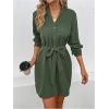 imageMakeMeChic Womens Casual Button Down Belted V Neck High Waist Long Sleeve Pocket Short DressesArmy Green