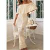 imageMakeMeChic Womens Crochet Off The Shoulder Dress Tie Front Bodycon Boho Maxi DressesBeige