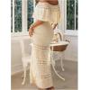 imageMakeMeChic Womens Crochet Off The Shoulder Dress Tie Front Bodycon Boho Maxi DressesBeige