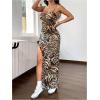 imageMakeMeChic Womens Leopard Print Cami Dress Spaghetti Strap Split Bodycon Maxi Dresses Brown Large