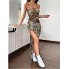 imageMakeMeChic Womens Leopard Print Cami Dress Spaghetti Strap Split Bodycon Maxi Dresses Brown Large