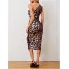 imageMakeMeChic Womens Leopard Print One Shoulder Dress Drawstring Ruched Split Thigh Bodycon Cocktail Midi DressesBrown