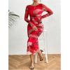 imageMakeMeChic Womens Wedding Guest Dress Fall Tie Dye Mesh Ruched Long Sleeve Bodycon Cocktail Long DressesRed a