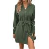 imageMakeMeChic Womens Casual Button Down Belted V Neck High Waist Long Sleeve Pocket Short DressesArmy Green