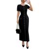 imageMakeMeChic Womens Contrast Binding Maxi Dress Button Down Short Sleeve Bodycon Work DressesBlack Solid