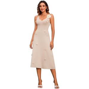 imageMakeMeChic Womens 3D Flower Backless Sweater Dress Sleeveless Slim Fit Flared Hem Midi DressesKhaki