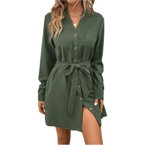 imageMakeMeChic Womens Casual Button Down Belted V Neck High Waist Long Sleeve Pocket Short DressesArmy Green