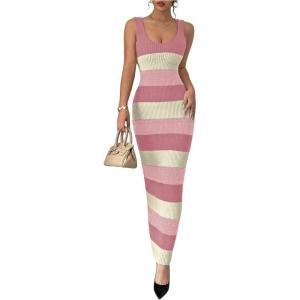 imageMakeMeChic Womens Colorblock Striped Sweater Dress Scoop Neck Bodycon Tank Maxi DressesCoral Pink