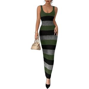 imageMakeMeChic Womens Colorblock Striped Sweater Dress Scoop Neck Bodycon Tank Maxi DressesGreen