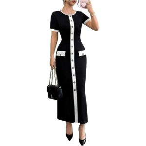 imageMakeMeChic Womens Contrast Binding Maxi Dress Button Down Short Sleeve Bodycon Work DressesBlack