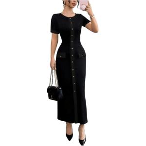 imageMakeMeChic Womens Contrast Binding Maxi Dress Button Down Short Sleeve Bodycon Work DressesBlack Solid