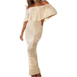 imageMakeMeChic Womens Crochet Off The Shoulder Dress Tie Front Bodycon Boho Maxi DressesBeige